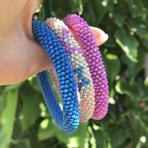 Conjunto de brazaletes de cuerda de ganchillo con cuentas de vidrio verdes, pulseras tejidas a mano con patrón, decoración para el brazo para mujer, joyería étnica. - Product Image 5