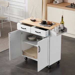 Carrello da Cucina con Due Ante e Un Cassetto in MDF e Legno di Gomma, 99,5*40*85,5cm, Verniciatura Bianca a Spruzzo - Product Image 2