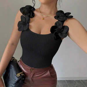 Débardeur noir en tricot pour femme avec appliques florales 3D, col carré, sans manches, sexy, pour clubbing - Product Image 2