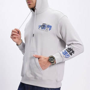 Sweat-shirt à capuche gris pour homme, coupe classique, en coton French Terry, logo imprimé sur le devant, style décontracté, idéal pour l'automne, avec poches. - Product Image 4