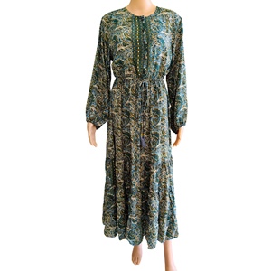 Vestido Maxi Bohemio Natural Y2K de Talla Única, Tejido en India, de Seda, Corte A, para Uso Diario, Dulce, Veraniego, con Cuello Redondo, Manga Larga, Volantes, Sexy - Product Image 1