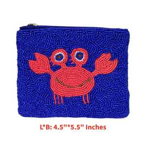 Porte-monnaie rectangulaire artisanal en coton brodé, motif crabe perlé bleu, avec fermeture éclair, objet d'art et de collection - Product Image 4