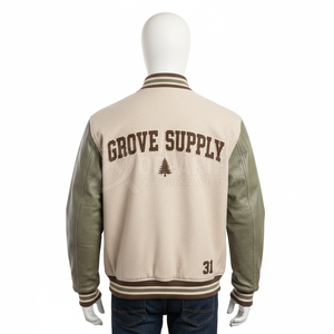 Blouson Teddy Homme Beige Vert Brodé Supply 31 Style Preppy Coupe Classique Col Rond Manches en Cuir PU Tricoté en Laine de Mouton - Product Image 5