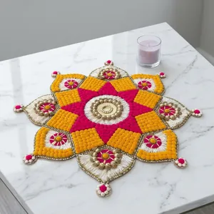 Décoration de table en feutre non tissé fait main, motif floral Mandala Diwali, rose, jaune, blanc, style bohème - Product Image 5