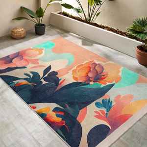 Alfombra de Diseño Floral Contemporáneo con Arte Botánico, Vibrante Acento de Peonías y Hojas Tropicales, Alfombra Elegante de Pelo Corto para Dormitorio - Product Image 1