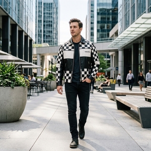 Chaqueta de Cuero para Hombre con Estampado a Cuadros en Blanco y Negro, Cuello Camisero, Cierre de Cremallera, Chaqueta de Moda Premium Personalizada al por Mayor - Product Image 5
