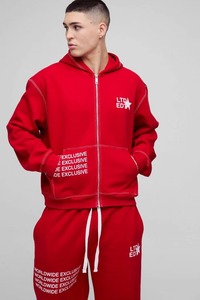 Conjunto Deportivo Unisex Rojo con Capucha, Cierre Frontal Completo, Estampado de Letras, Algodón Transpirable, Corte Holgado, Estilo Urbano, Invierno - Product Image 3