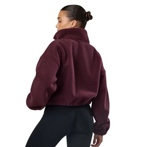 Burgundy Cropped Sherpa Full Zip Up <b>Women</b> Soft <b>Teddy</b> Fleece <b>Jacket</b> Warm Casual Outerwear Stylish Comfort Layer Wear - Product Image 2