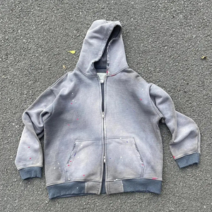 Sudadera con capucha con cremallera, lavado ácido y efecto nieve, oversize, de felpa de algodón de alto gramaje, estilo vintage desgastado, streetwear, para gimnasio, OEM, para hombre y mujer - Product Image 5