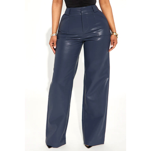 Pantalon en cuir PU bleu marine, taille haute, coupe droite, pour femme, idéal pour le bureau, les sorties nocturnes ou les clubs. - Product Image 1