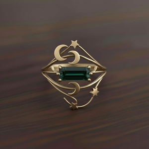 High Quality Celestial <b>Moon</b> Star Emerald Brass <b>Ring</b> Handmade Gold Minimalist Statement Geometric Cosmic Christian Unique Supply - Product Image 5