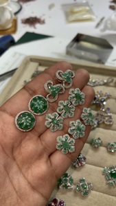 Genuine Emerald and Diamond Flower <b>Silver</b> <b>Stud</b> Earrings 92.5 Sterling <b>Silver</b> Earring - Product Image 5