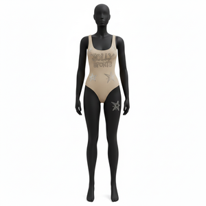 Maillot de bain une pièce pour femme en tissu côtelé nylon élasthanne GSM, beige nude, avec logo personnalisé thermocollé en strass - Product Image 1