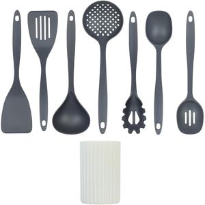 Set di 8 utensili da cucina in nylon antiaderente con porta utensili, composto da schiumarola, paletta per spaghetti, spatola, mestolo e altri utensili. - Product Image 2