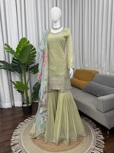 <b>Green</b> Embroidered Kurta Sharara Set With Floral Dupatta Ethnic Salwar Kameez for Wedding Party Women - Product Image 1