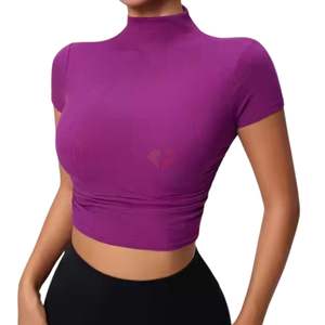 Top de Yoga Acanalado para Mujer, Corte Ajustado, Cuello Alto Simulado, Manga Corta, Top Corto, Nylon Spandex, Ropa Deportiva para Gimnasio, Fabricante OEM Personalizado - Product Image 3