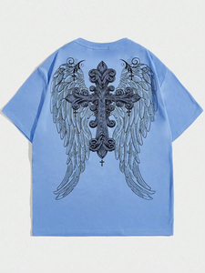 Camiseta Unisex de Cuello Redondo Personalizada de Alta Calidad con Diseño de Cruz Bordada, Corte Holgado, Estilo Casual, 100% Algodón Jersey - Product Image 2