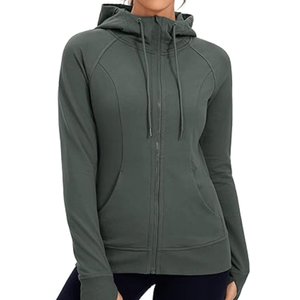Sudadera con Capucha y Cierre para Mujer, Color Sólido, Manga Larga, Transpirable, Tejido de Algodón y Elastano, para Otoño - Product Image 5