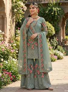 Fournisseur Indien – Nouveauté : Magnifique Ensemble Salwar Sharara Palazzo en Soie Georgette, Design Élégant et Tendance, Coupe Slim, Idéal pour les Fêtes - Product Image 2