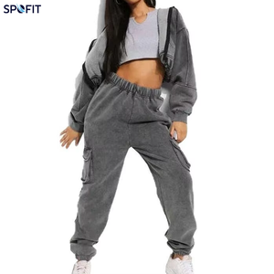 Ensemble de survêtement délavé à l'acide pour femme, deux pièces : sweat à capuche court et pantalon cargo, style streetwear décontracté - Product Image 2