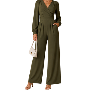 Combinaison longue pour femme avec décolleté en V et détails de poches, pantalon large et long, manches longues, respirante, pour le printemps/été - Product Image 1