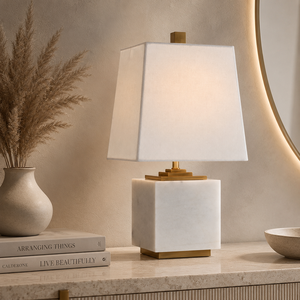 Luxury White Marble Table Lamp With Hand <b>Chiseled</b> <b>Stone</b> Top Artistic Craftsmanship Premium Fabric Shade Soft Ambient Lighting - Product Image 6