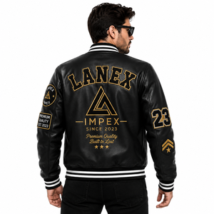 Custom Black Leather Varsity Jacket with Front Logo & Chenille Patches | OEM/ODM Premium College Letterman Jacket | Men's Winter - Product Image 4
