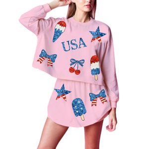 Tenue décontractée d'été pour la Fête Nationale du 4 juillet, ensemble jupe-short à manches longues, vêtements patriotiques, broderie de sequins, Jour de l'Indépendance des États-Unis, pour femmes et jeunes - Product Image 5
