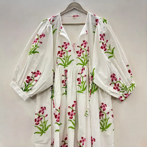 เดรสลำลองผู้หญิงผ้าฝ้ายทรงมิดิ แขนทรงบอลลูน เอวทรงเอ็มไพร์ ทรงเบบี้ดอลล์ ลายดอกไม้ฤดูร้อน ผ้าฝ้าย 100% ทรงโอเวอร์ไซส์ คอวี - Product Image 4