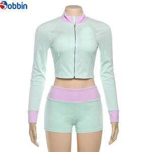 Conjunto Deportivo Corto de Moda, Chaqueta con Cremallera de Manga Larga, Conjunto de 2 Piezas, Conjuntos Deportivos Cortos para Mujer, Conjunto Personalizado con Bloques de Color para Damas - Product Image 4