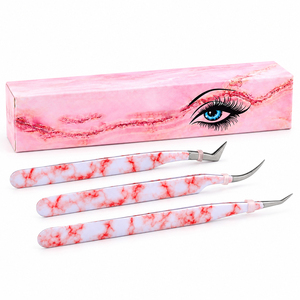 Eyelash Tweezers <b>Set</b> Stainless Steel Precision <b>Tools</b> for Eyelash Extension <b>Pink</b> Marble Design Box Packaging - Product Image 3