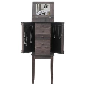 Armoire à bijoux sur pied avec 5 tiroirs et 8 crochets pour colliers, meuble de rangement supérieur et 2 organiseurs latéraux, miroir inclus - Product Image 4