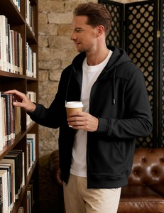 Sweat-shirt à capuche zippé pour homme, décontracté, avec poches, veste en polaire respirante, coupe régulière, couleur unie, pour l'automne - Product Image 2