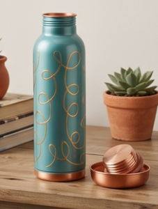 Premium Teal <b>Copper</b> <b>Bottle</b> With Artistic Golden Swirl Design For Daily Hydration Travel Office School Gym Yoga Hiking And Gifts - Product Image 4