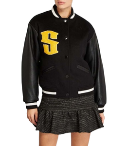 Veste de baseball en laine d'hiver de haute qualité avec manches en cuir véritable, broderie chenille, lettres, respirante, pour femme - Product Image 2