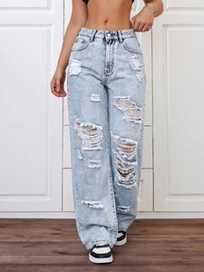 Pantalon en jean 100 % coton coupe droite mi-haute pour femme, respirant, style streetwear, poches avant, design personnalisé, prix abordable, vente en gros - Product Image 3