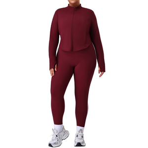 Plus Size Women's 2 Piece <b>Yoga</b> Set Solid Color Full Length Leggings With Side Stripe Zipper <b>Jacket</b> High Waist Activewear - Product Image 3