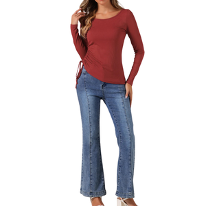 Camiseta roja ajustada para mujer, informal, de cuello redondo, manga larga, diseño personalizado, de algodón y elastano, para pedidos al por mayor - Product Image 5