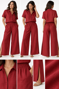 Nouvelle Collection : Ensemble Coordonné Femme Décontracté Été en Coton et Lin – Pantalon Large Taille Mi-Haute Fendu sur le Côté et Haut à Manches Courtes Effet Délavé - Product Image 6