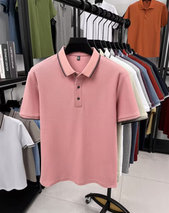 Men's Pink Short Sleeve for Shirt Solid Color Cotton Pique Knitted Breathable Casual Regular Fit Button Design Front Logo - Product Image 1