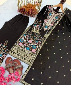 Conjunto de Diseño Étnico con Bordado Chinon y Lentejuelas, Top, Pantalón Palazzo y Dupatta, para Fiestas, Precio al por Mayor, en Algodón Multicolor - Product Image 3