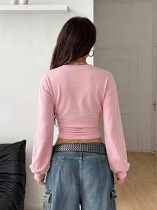 OEM Fashion <b>Top</b> Women's Ruched Waist <b>Cropped</b> Crewneck Sweatshirt Cotton Fleece Pink Long Sleeve Streetwear Hoodies Private Label - Product Image 2