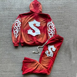 Custom Patchwork Flared Pants and Hoodie <b>Set</b> Applique Distressed <b>Embroidery</b> Tracksuit Men Acid Wash Slim Fit Tracksuits For Men - Product Image 2