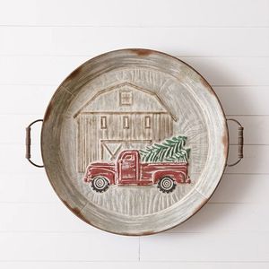 Farmhouse Style Christmas Tray Round Metal Decorative Trays with Handles Rustic Design Antique Trays For Serving Christmas Decor - Product Image 3