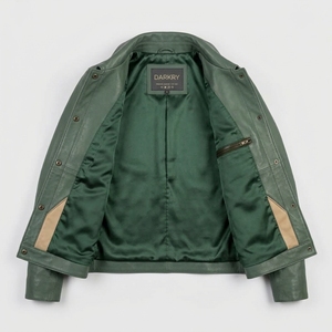 <b>Womens</b> Green Leather Trucker Jacket Vintage Contrast Trim Biker Coat Snap Button Turndown Collar Casual <b>Outerwear</b> Apparel - Product Image 5