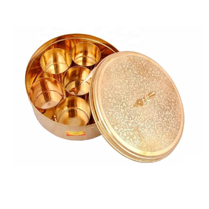 Brass Polish Masala Box <b>Set</b> with Brass Spoon Container <b>Spice</b> Storage Rack Floral Design Indian <b>Spice</b> Double Lid Boxes Storage - Product Image 2