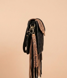 Western Fashion Genuine Leather Fringe Single Strap Adjustable Travel <b>Shoulder</b> <b>Bag</b> Crossbody Purse <b>Nylon</b> Lining Zipper Closure - Product Image 3