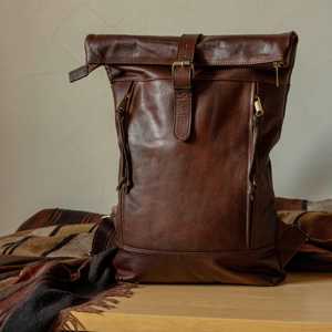 Premium Leather <b>Roll</b> Top Rucksack With Hidden Pockets Secure Laptop Bag For Business Export LTBP-0222 - Product Image 1