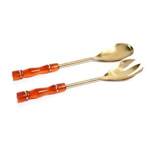 Orange Resin Handle Stainless Steel Salad Serving Set Salad Bar Serving Set PVD <b>Gold</b> Plated Dishwasher Safe - Product Image 1