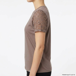 Camiseta de Mujer con Costuras Resistentes, Cuello Redondo, Manga Corta con Encaje, Color Sólido, Transpirable, Informal, para Primavera/Verano - Product Image 3